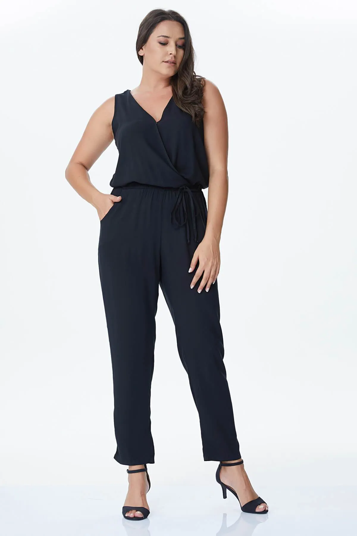 16212 Black Wrap Collar Jumpsuit