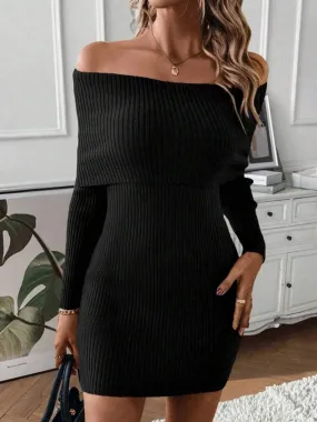 1970s Solid Off-Shoulder Ribbed Knit Dress