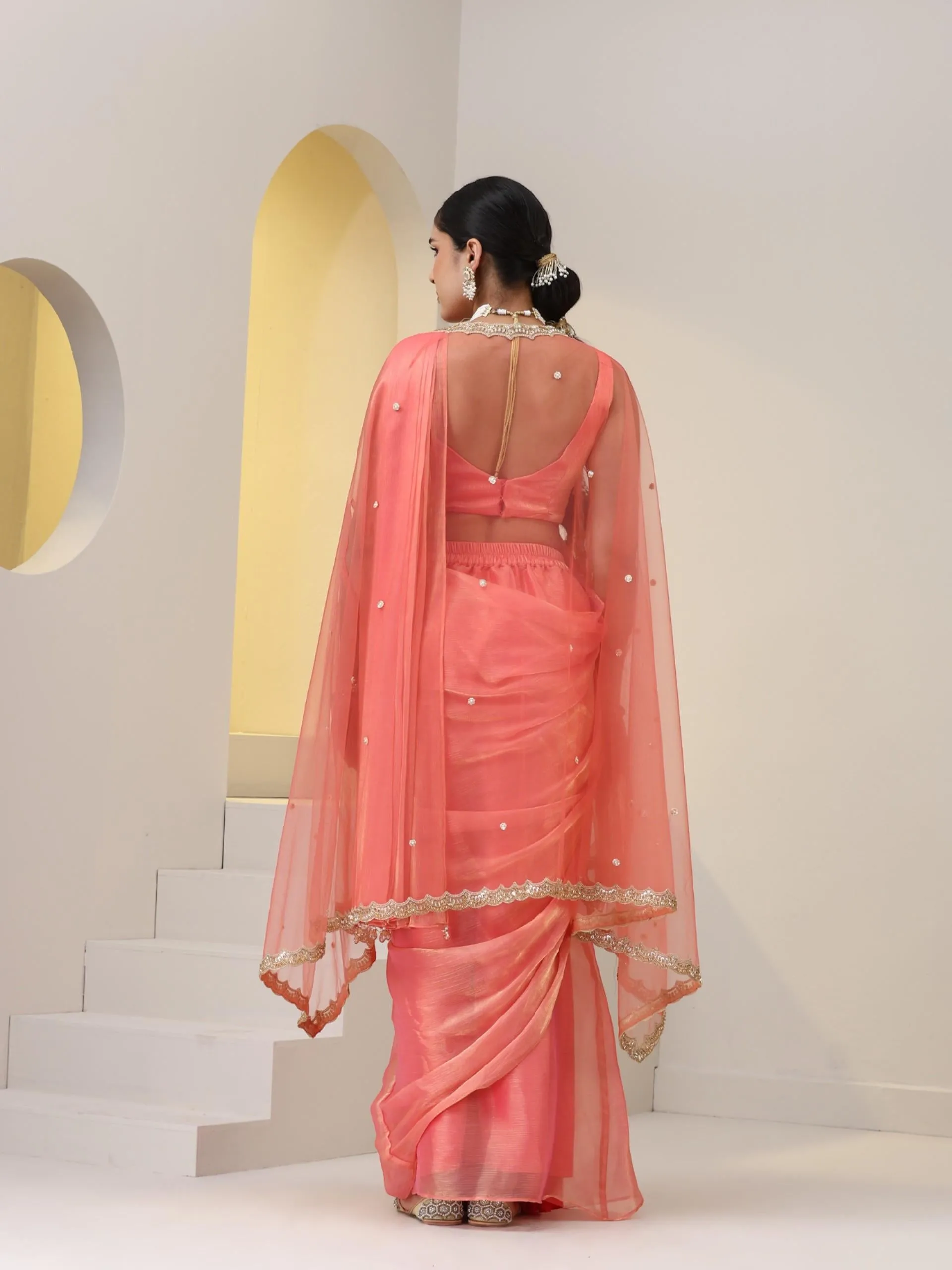 3 pc SET - Peach Gold Organza Chiffon Skirt Saree with Blouse Fabric and Jacket