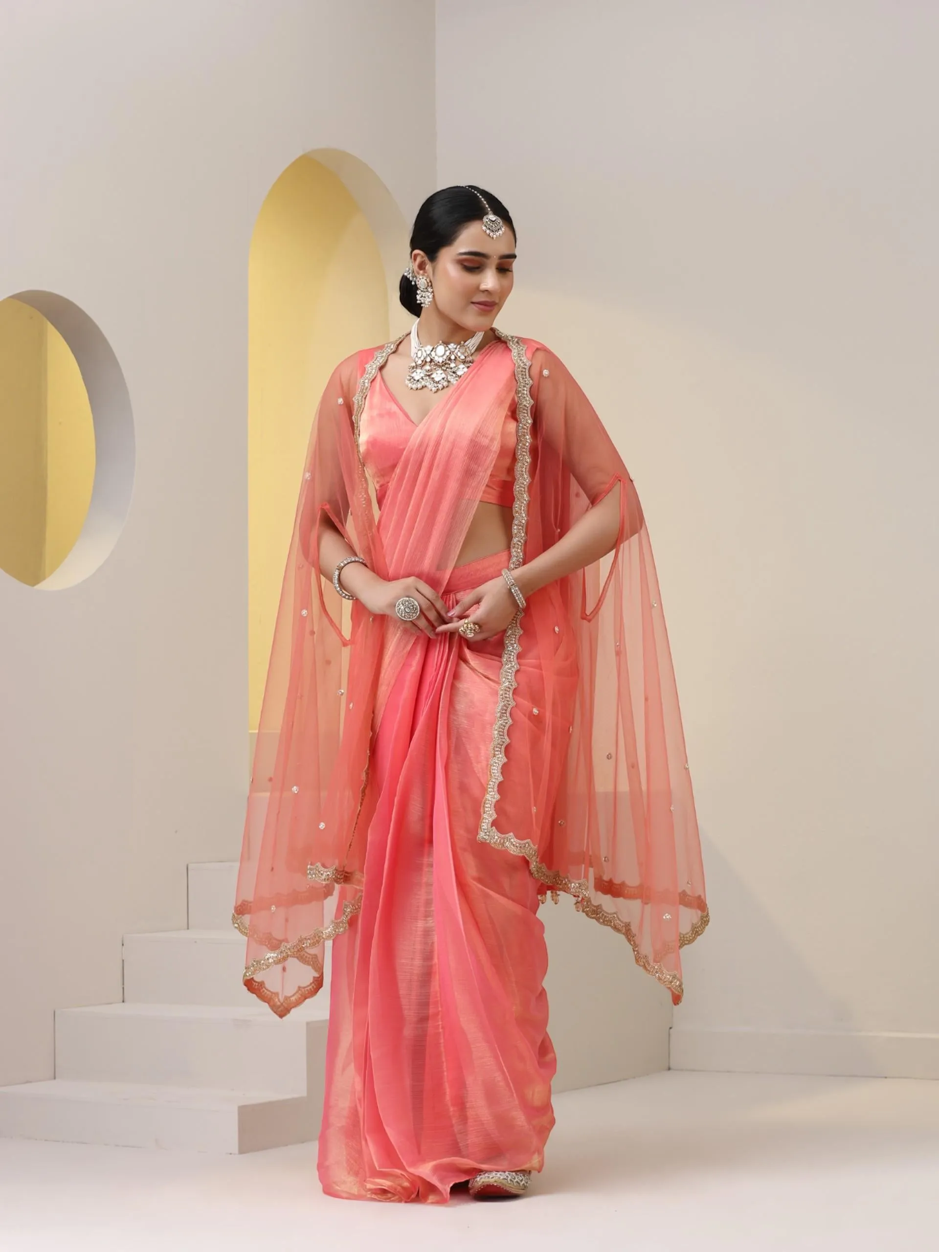 3 pc SET - Peach Gold Organza Chiffon Skirt Saree with Blouse Fabric and Jacket