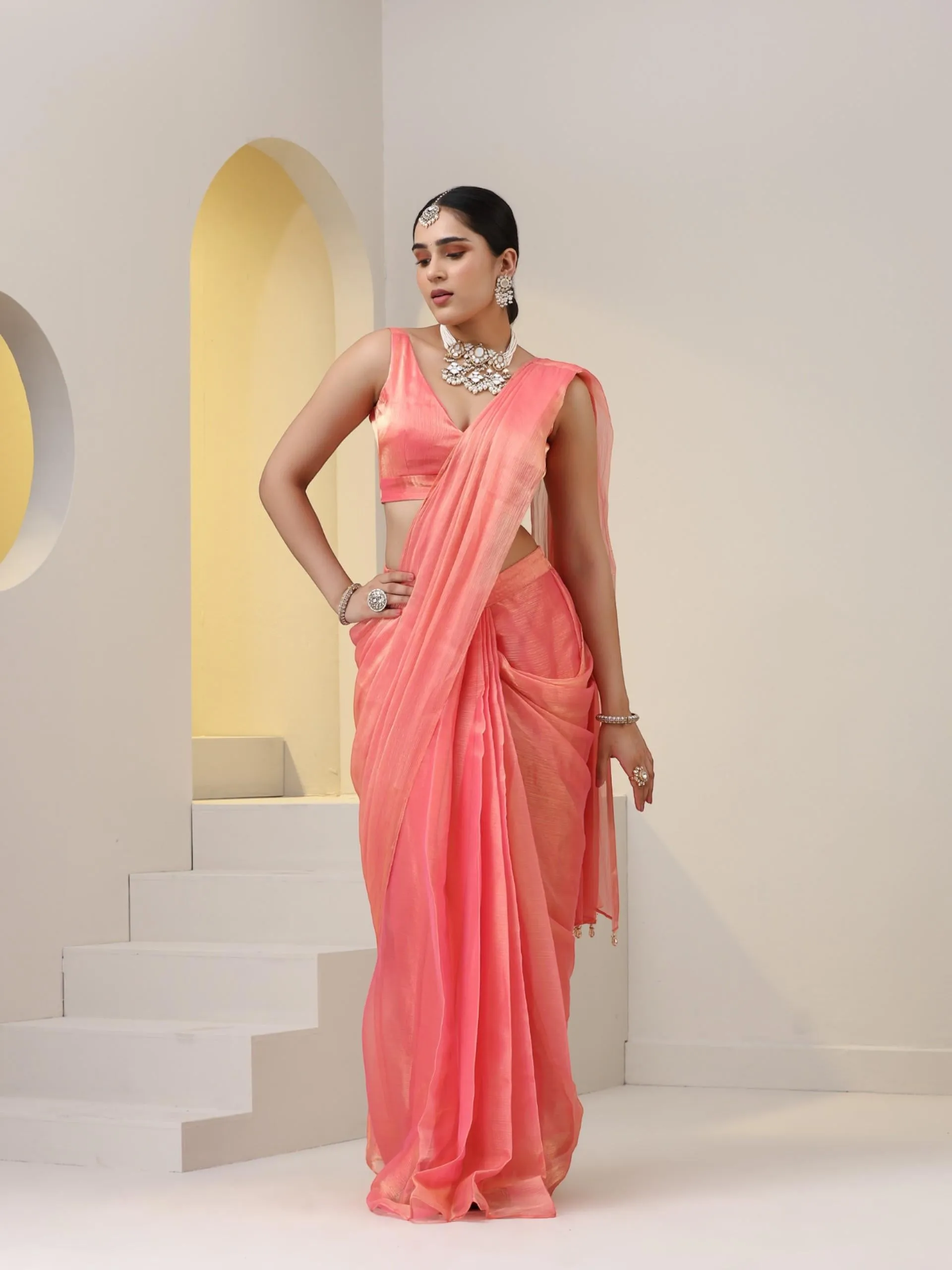 3 pc SET - Peach Gold Organza Chiffon Skirt Saree with Blouse Fabric and Jacket