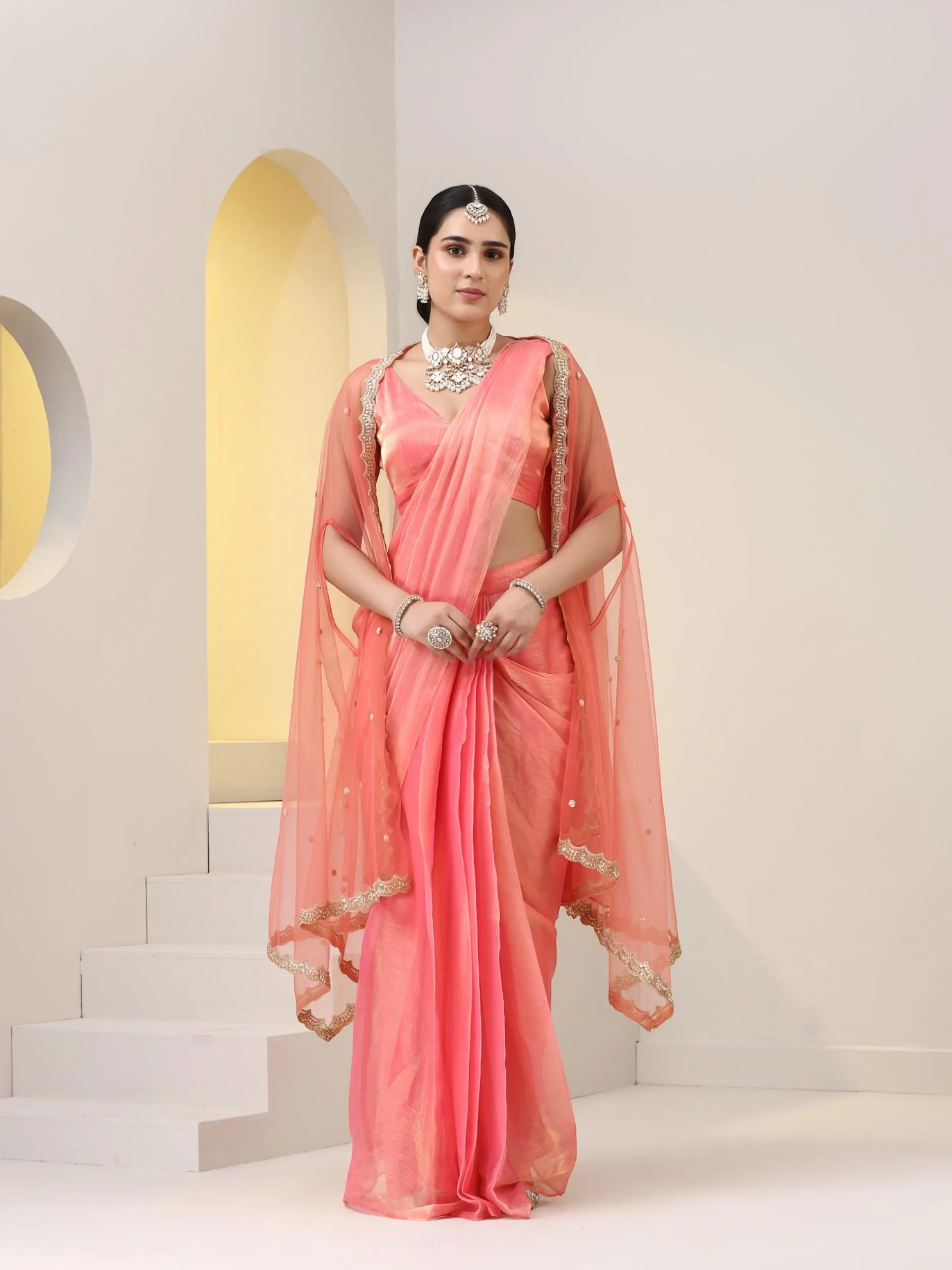 3 pc SET - Peach Gold Organza Chiffon Skirt Saree with Blouse Fabric and Jacket