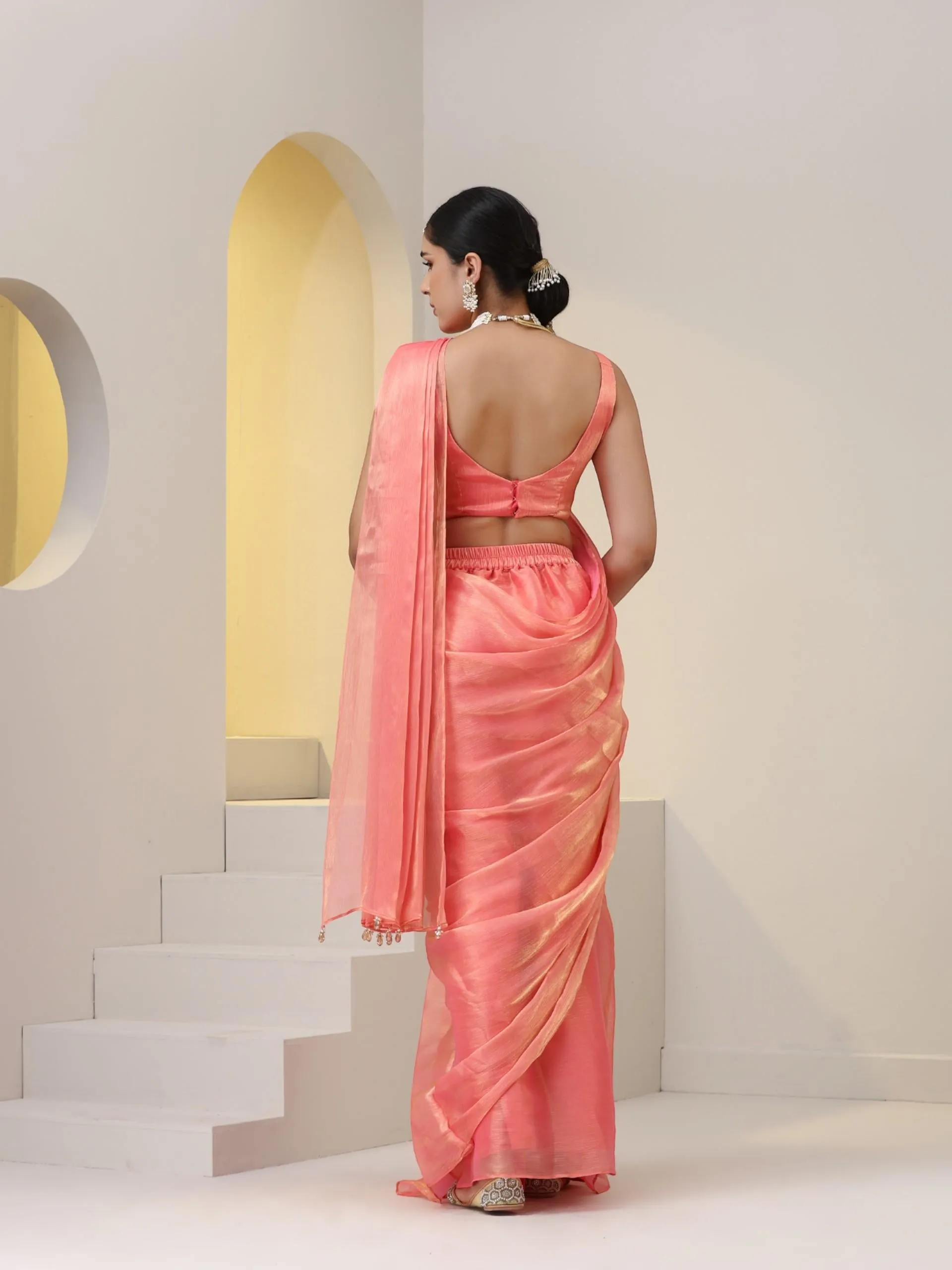 3 pc SET - Peach Gold Organza Chiffon Skirt Saree with Blouse Fabric and Jacket