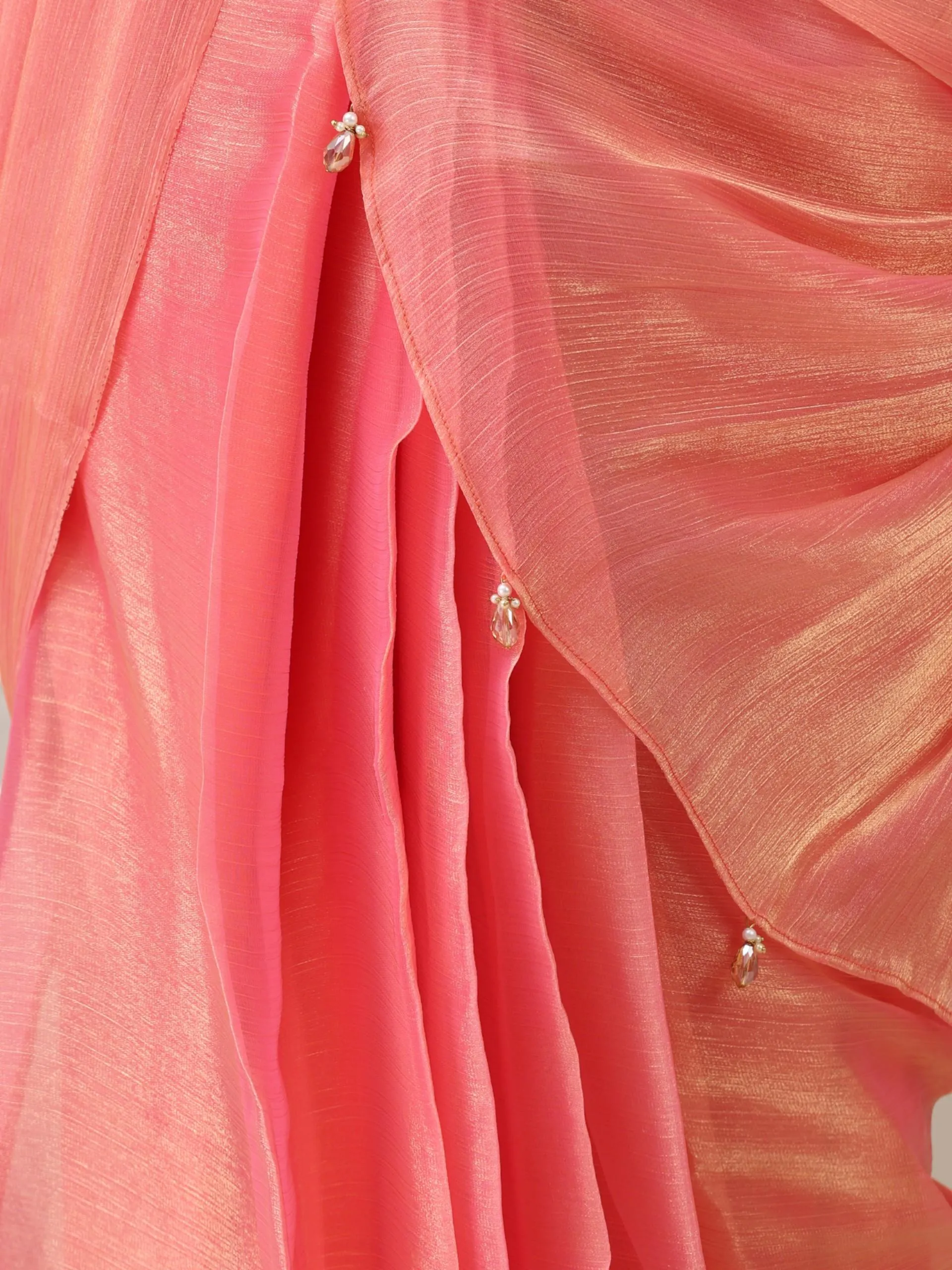 3 pc SET - Peach Gold Organza Chiffon Skirt Saree with Blouse Fabric and Jacket