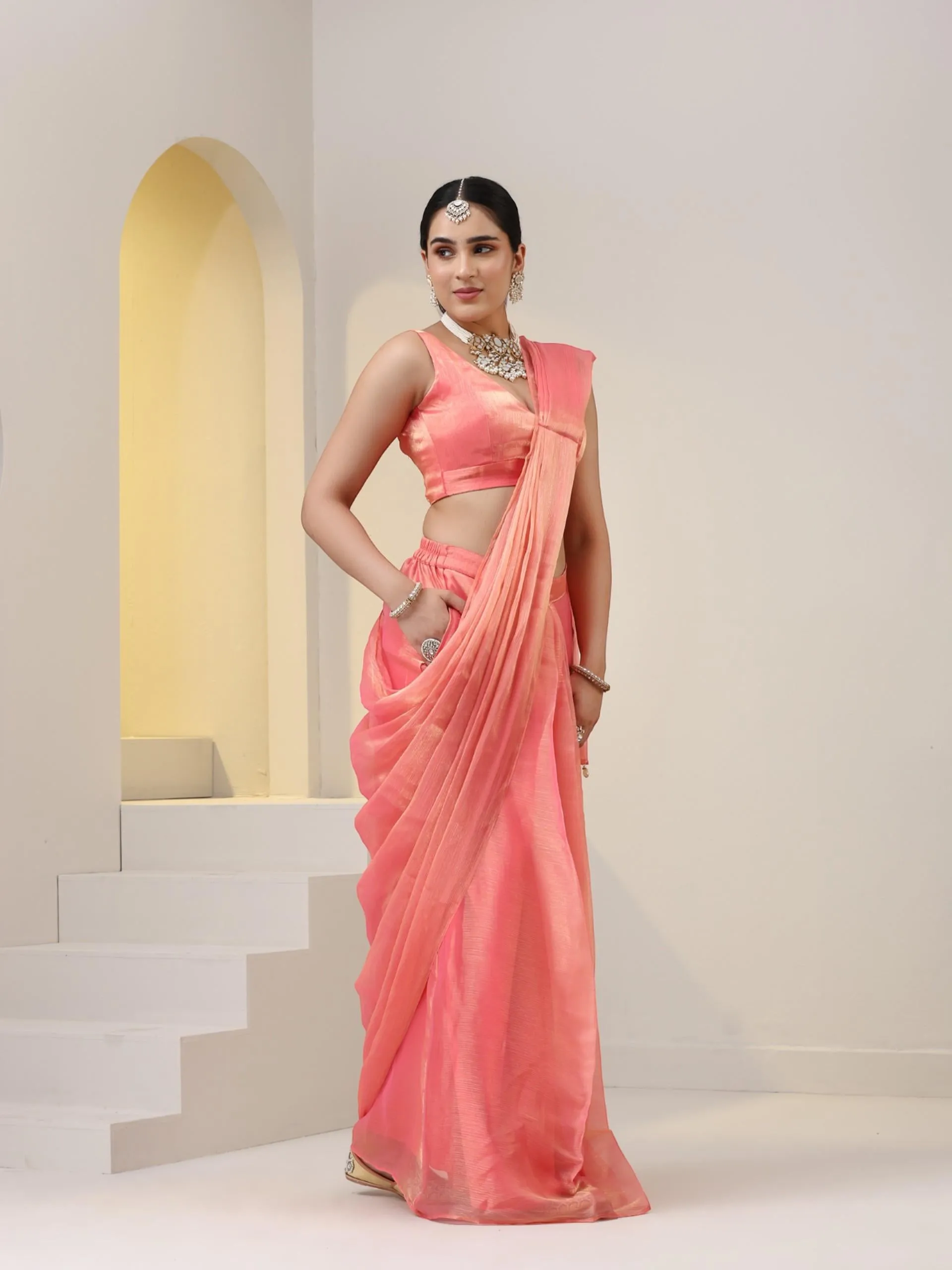 3 pc SET - Peach Gold Organza Chiffon Skirt Saree with Blouse Fabric and Jacket