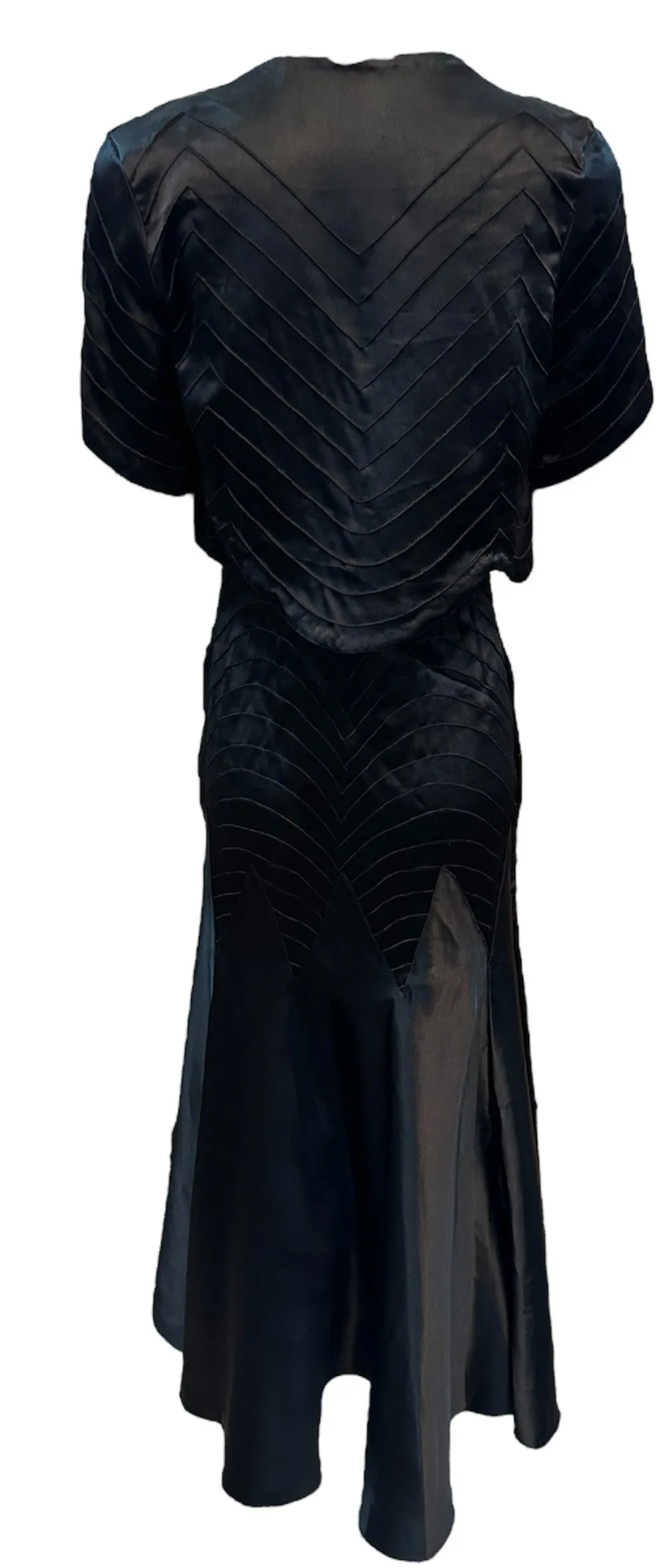 30s Black Satin Bias Cut Tea Length Gown with Matching  Bolero Jacket