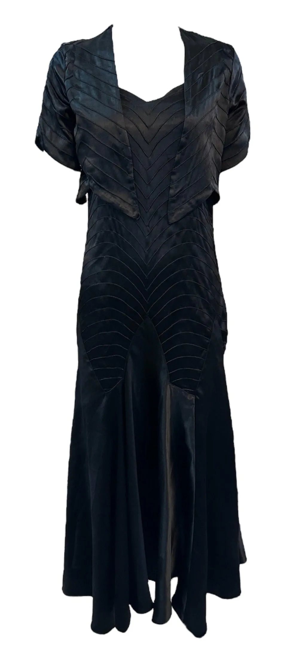 30s Black Satin Bias Cut Tea Length Gown with Matching  Bolero Jacket