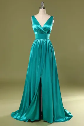 A Line V Neck and V Back Turquoise Long Prom Dress with Slit, Turquoise Formal Graduation Evening Dress