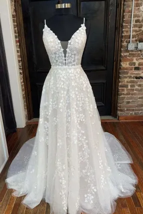 A Line V Neck Open Back White Lace Long Prom Dress, V Neck White Lace Formal Dress, White Lace Evening Dress