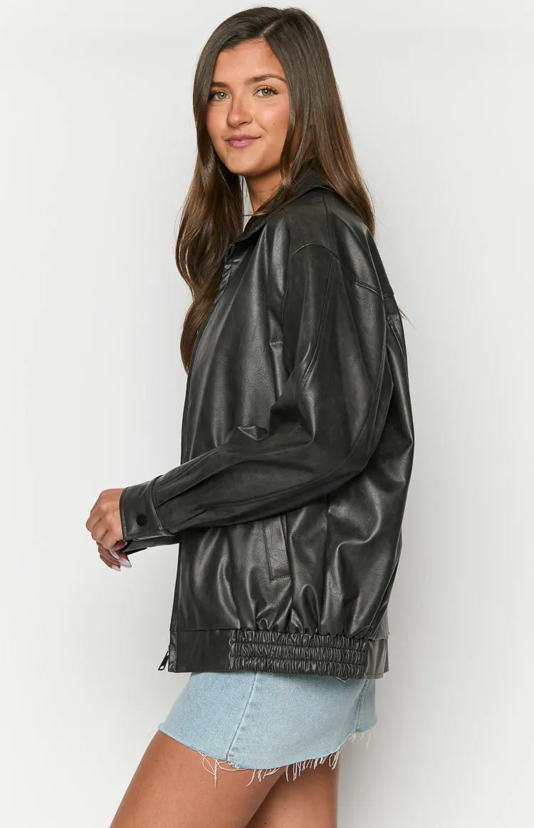 Abbi PU Vintage Black Bomber Jacket