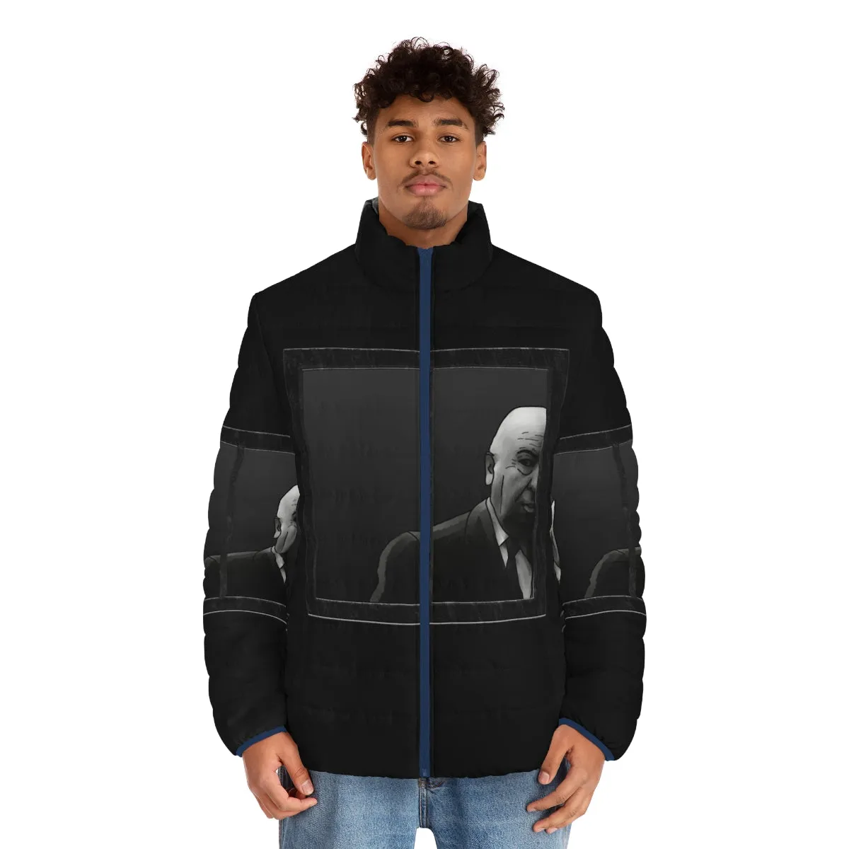 Alfred Hitchcock Inspired Puffer Jacket | Graphic B&W Fan Art