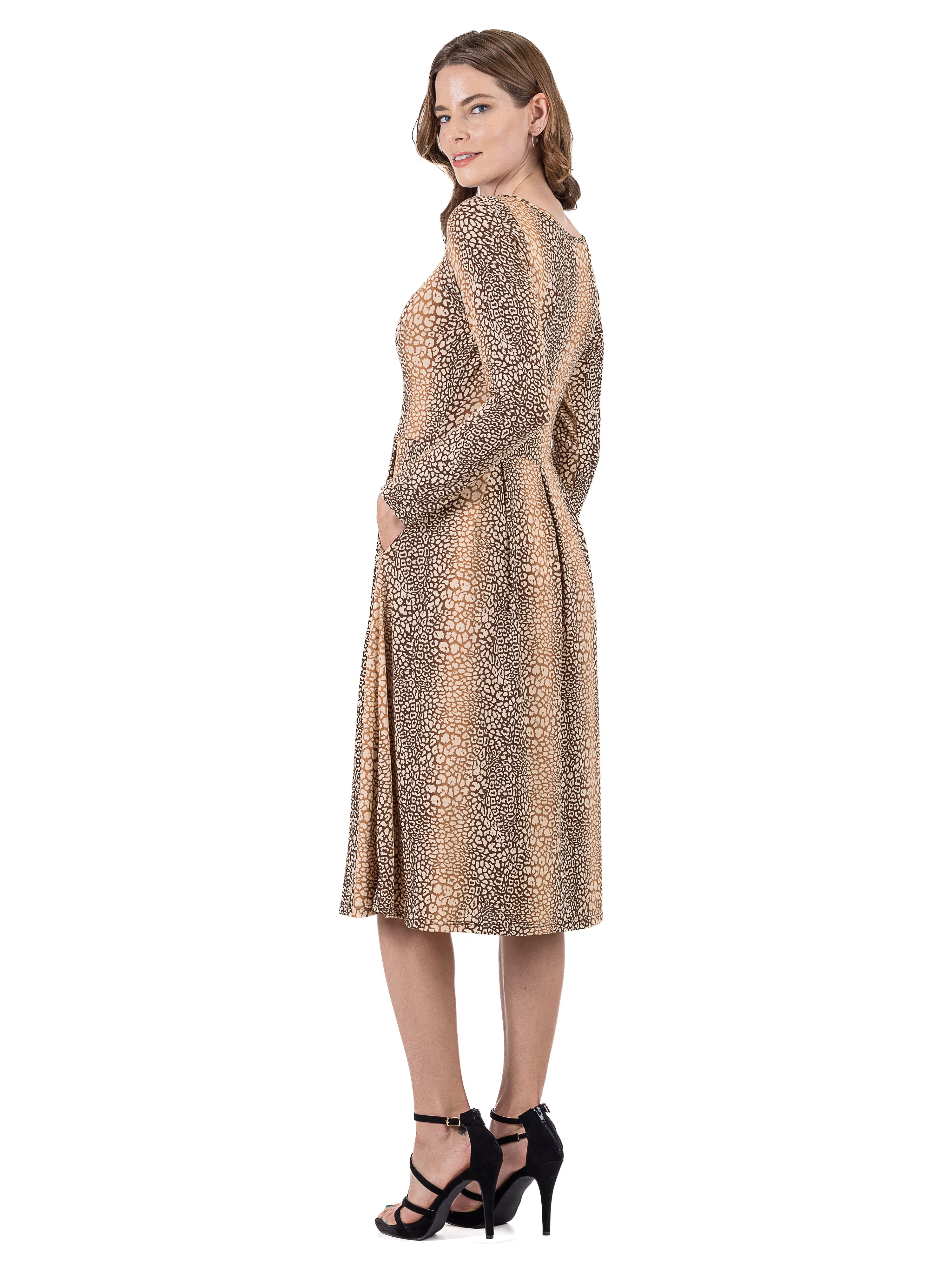 Animal Print Long Sleeve Pleated Midi Dress with Pockets