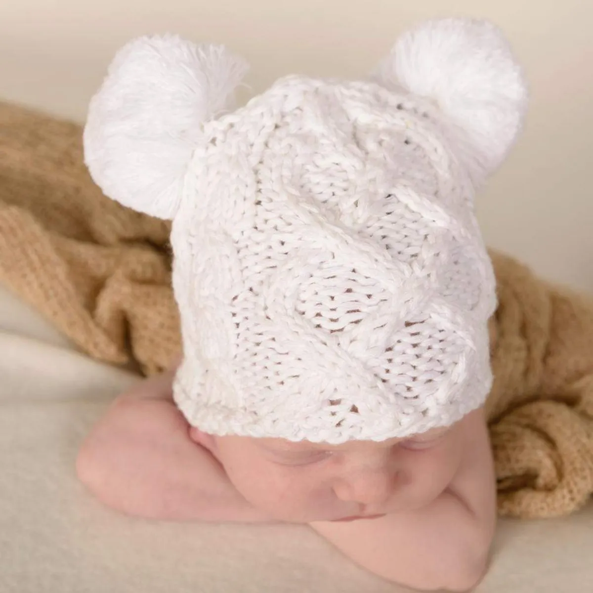 Aran Double Pom Pom Newborn Hat - White