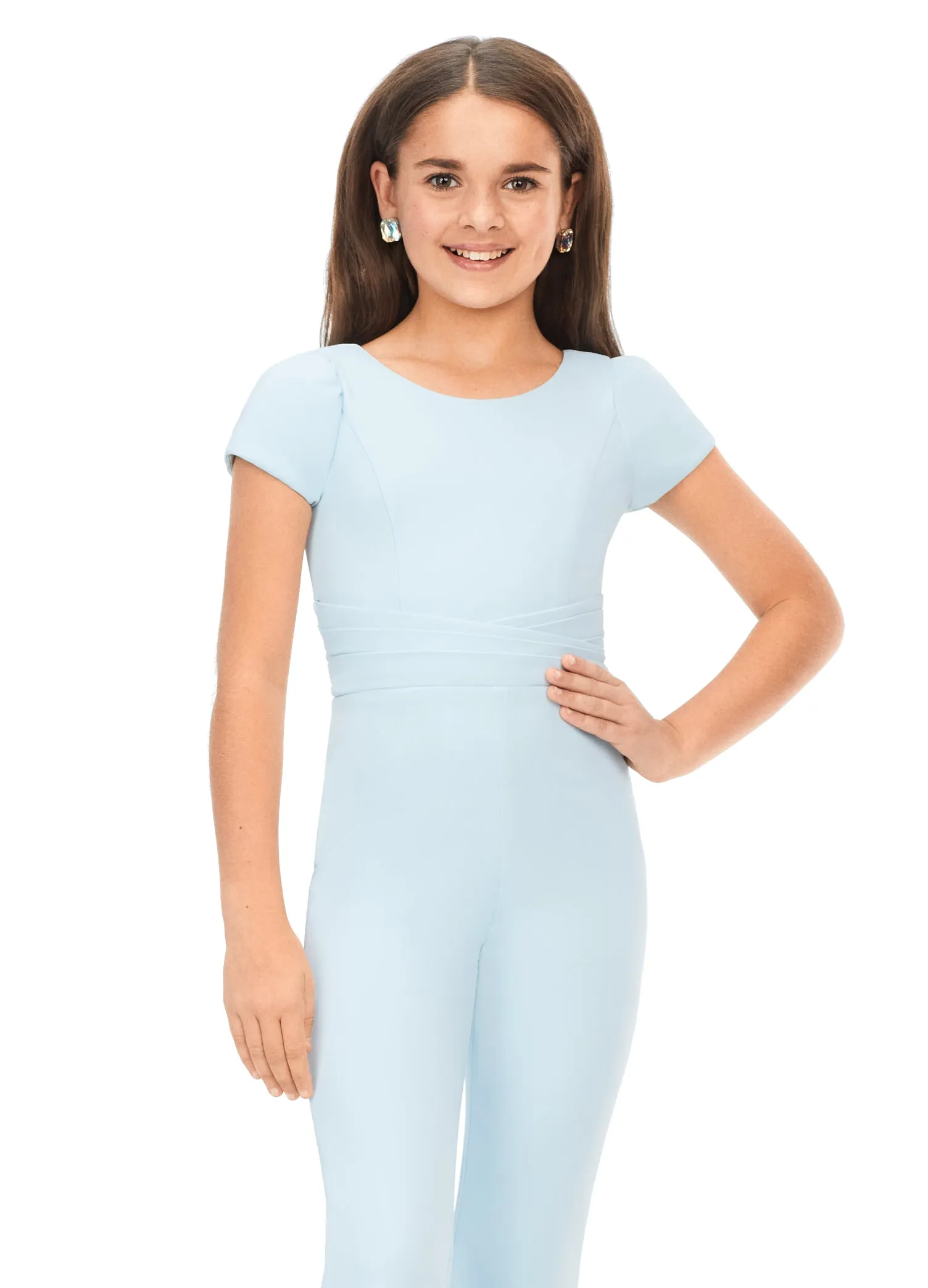 Ashley Lauren Kids 8157 Girls Crew Neck Scuba Pageant Jumpsuit with Cap Sleeves