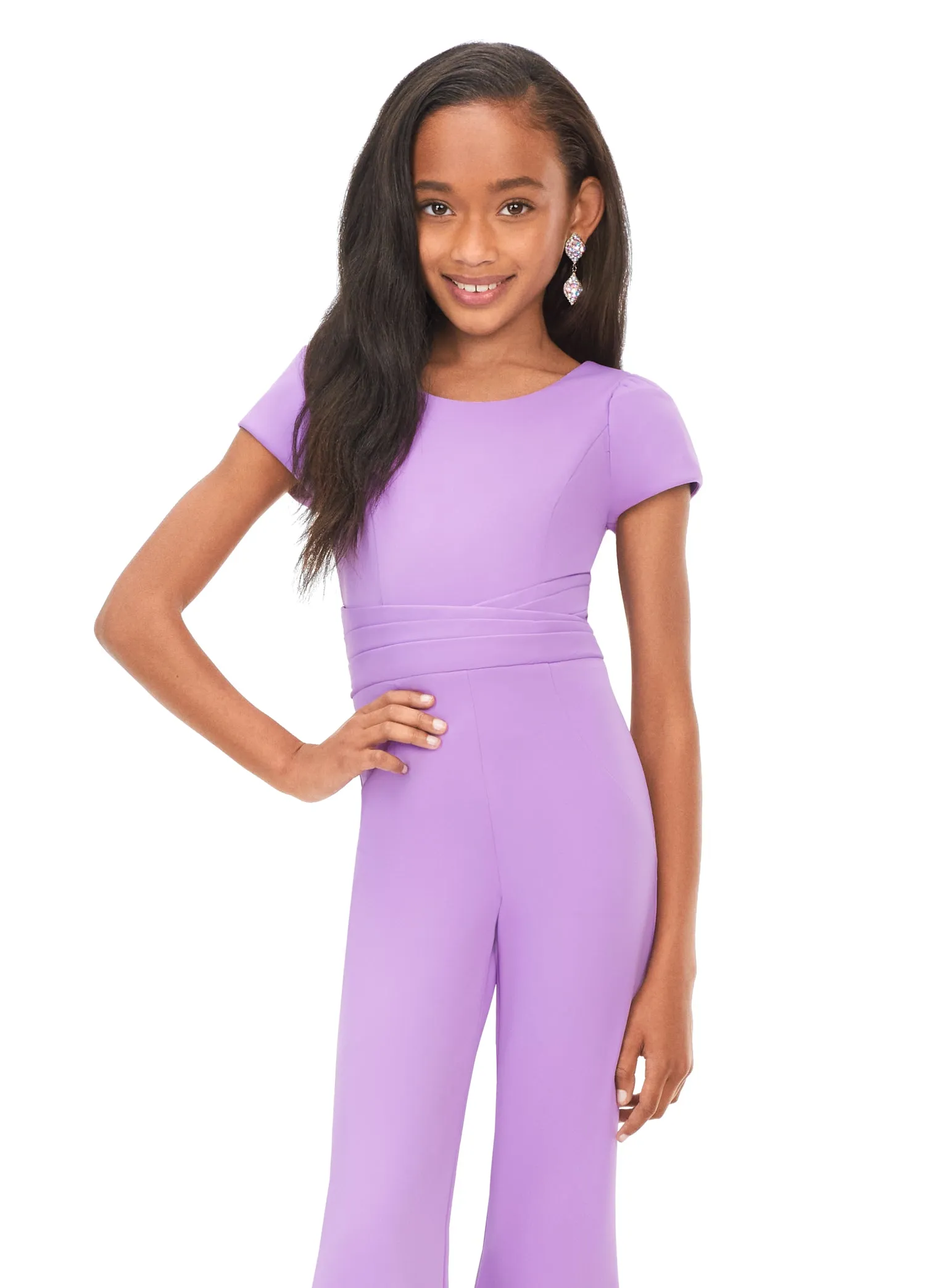 Ashley Lauren Kids 8157 Girls Crew Neck Scuba Pageant Jumpsuit with Cap Sleeves