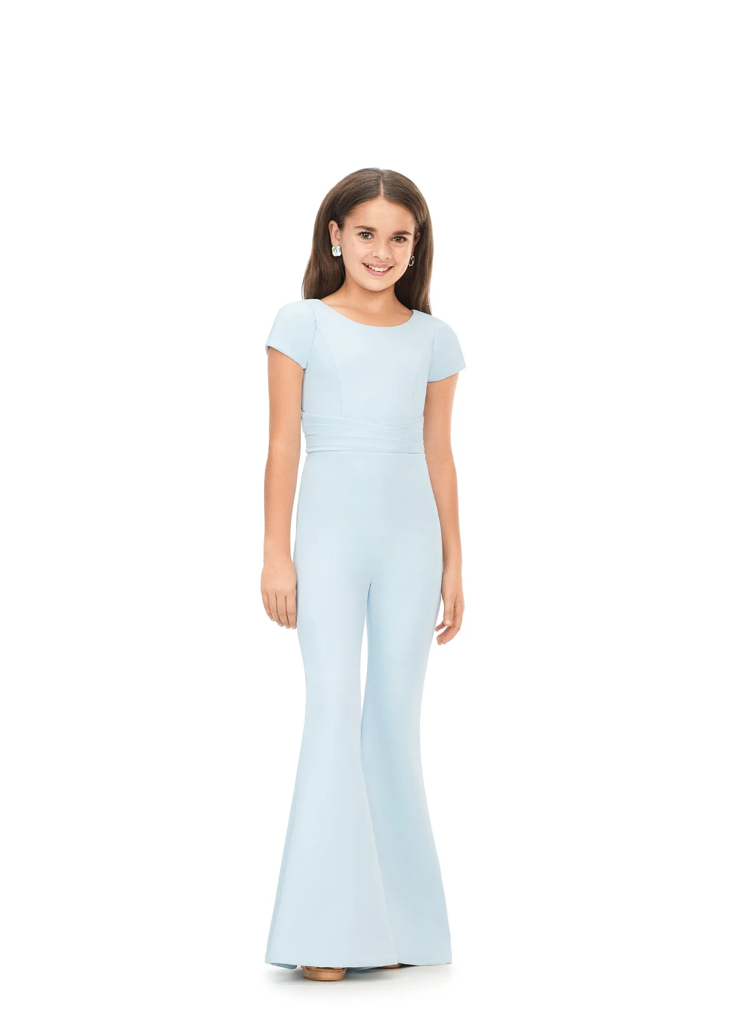 Ashley Lauren Kids 8157 Girls Crew Neck Scuba Pageant Jumpsuit with Cap Sleeves