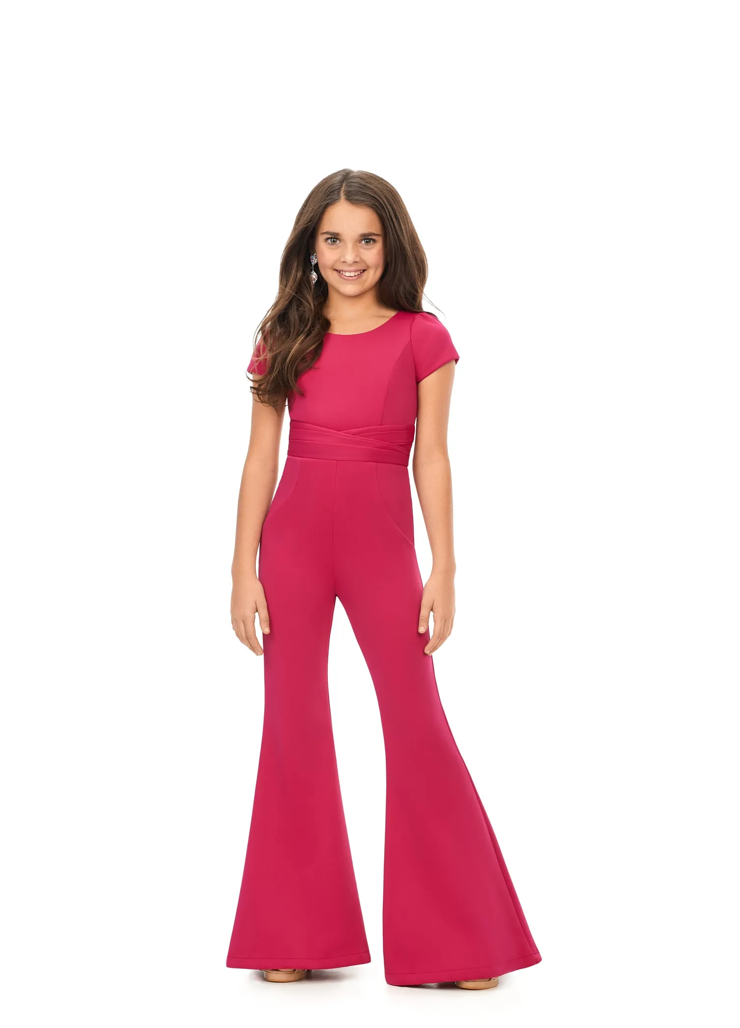 Ashley Lauren Kids 8157 Girls Crew Neck Scuba Pageant Jumpsuit with Cap Sleeves