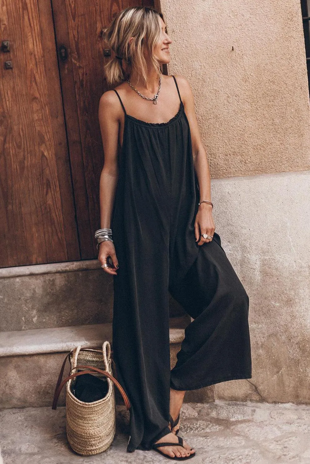 Backless spaghetti Neckline Jumpsuit with Wide Leg