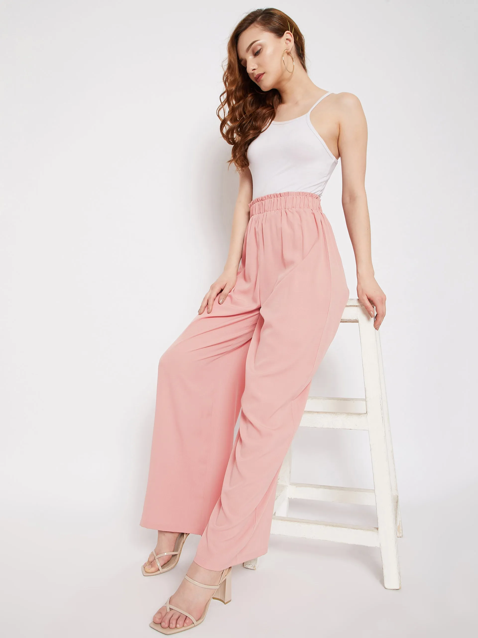 Berrylush Women Solid Pink Paperbag Waist High-Rise Wide Leg Pleated Pants