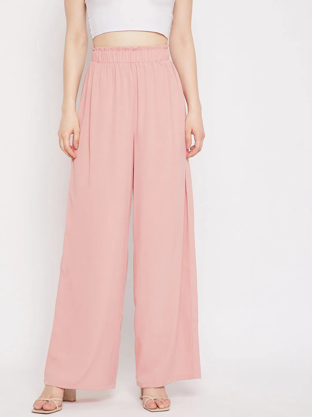 Berrylush Women Solid Pink Paperbag Waist High-Rise Wide Leg Pleated Pants