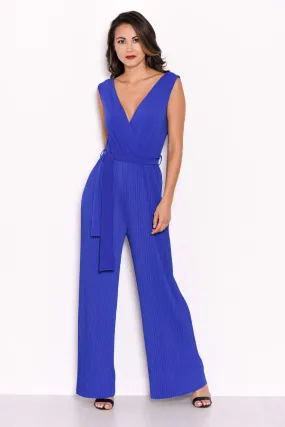 Blue Pleated Tie-Waist Jumpsuit