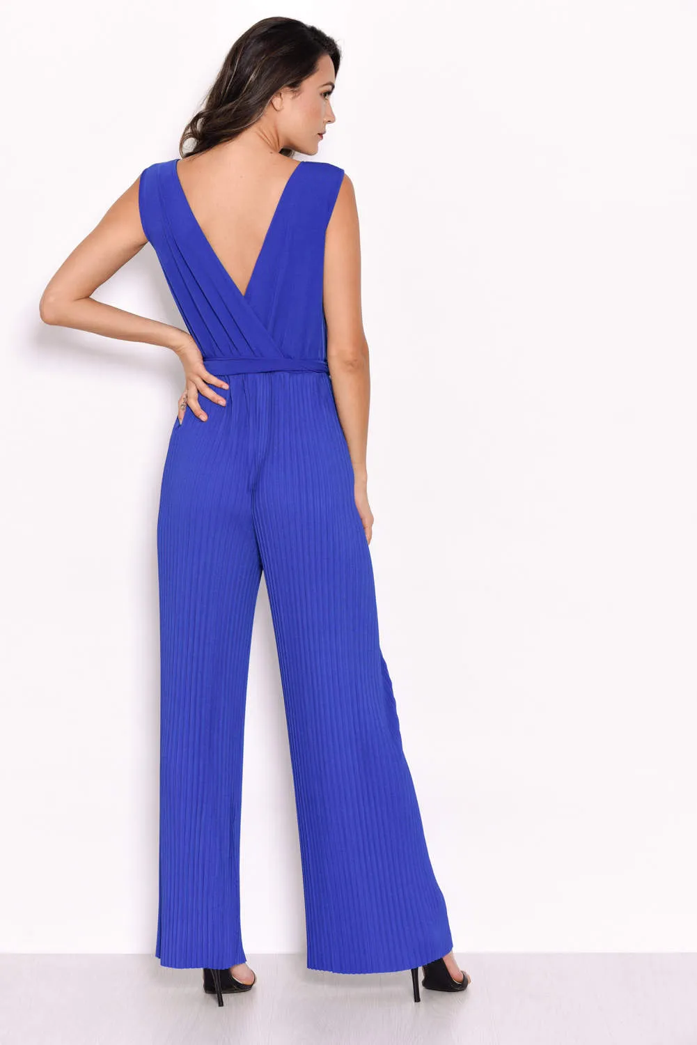 Blue Pleated Tie-Waist Jumpsuit