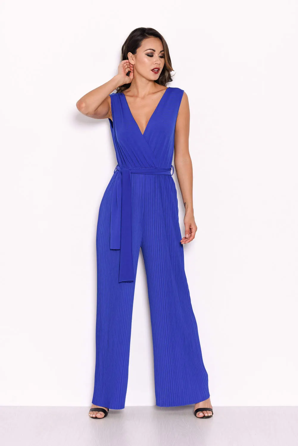 Blue Pleated Tie-Waist Jumpsuit