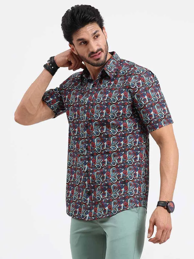 Brown Paisley Printed Cotton Half Sleeve Shirt