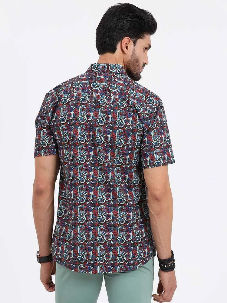 Brown Paisley Printed Cotton Half Sleeve Shirt