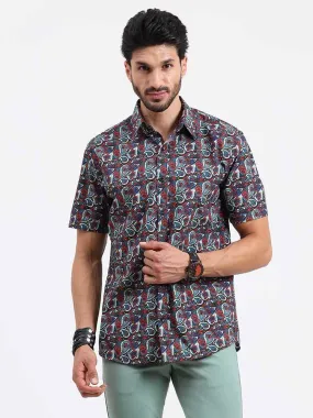 Brown Paisley Printed Cotton Half Sleeve Shirt