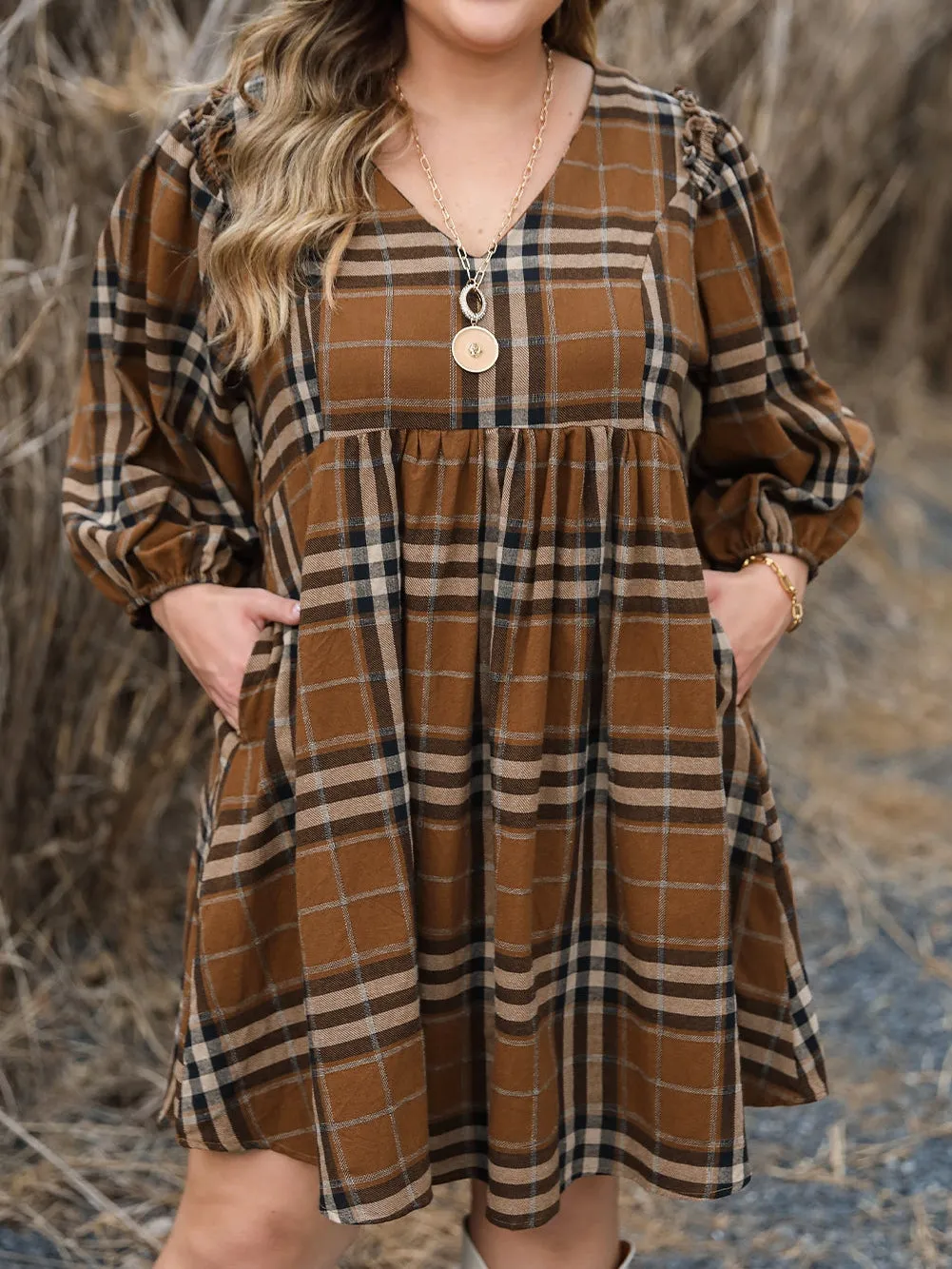 Brown Printed Plaid V Neck Plus Size Babydoll Dress