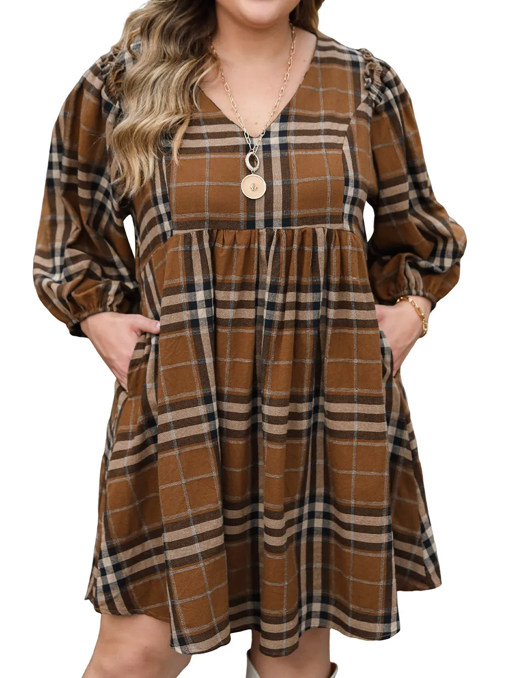 Brown Printed Plaid V Neck Plus Size Babydoll Dress