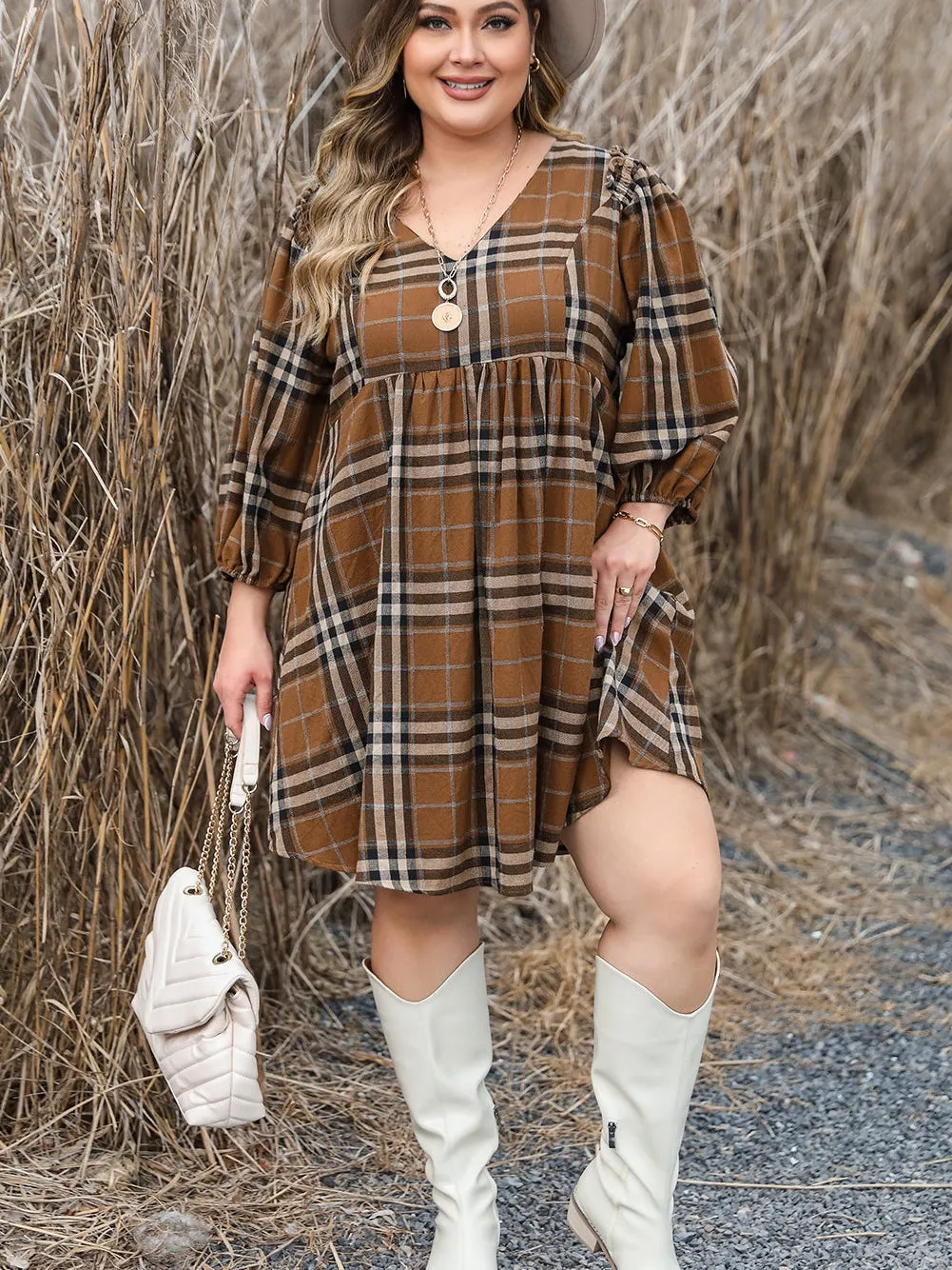 Brown Printed Plaid V Neck Plus Size Babydoll Dress