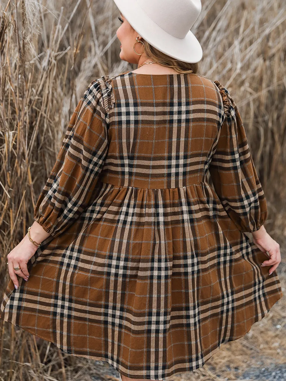 Brown Printed Plaid V Neck Plus Size Babydoll Dress