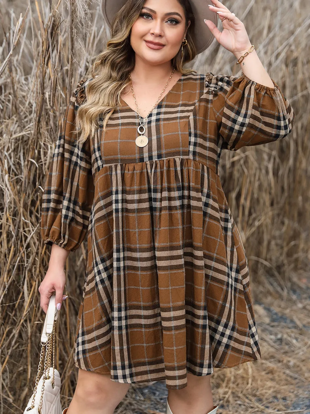 Brown Printed Plaid V Neck Plus Size Babydoll Dress