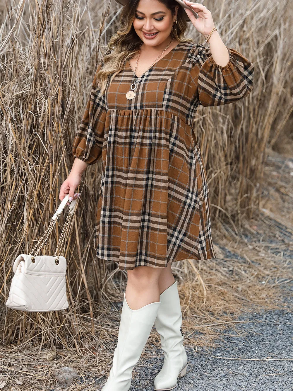 Brown Printed Plaid V Neck Plus Size Babydoll Dress