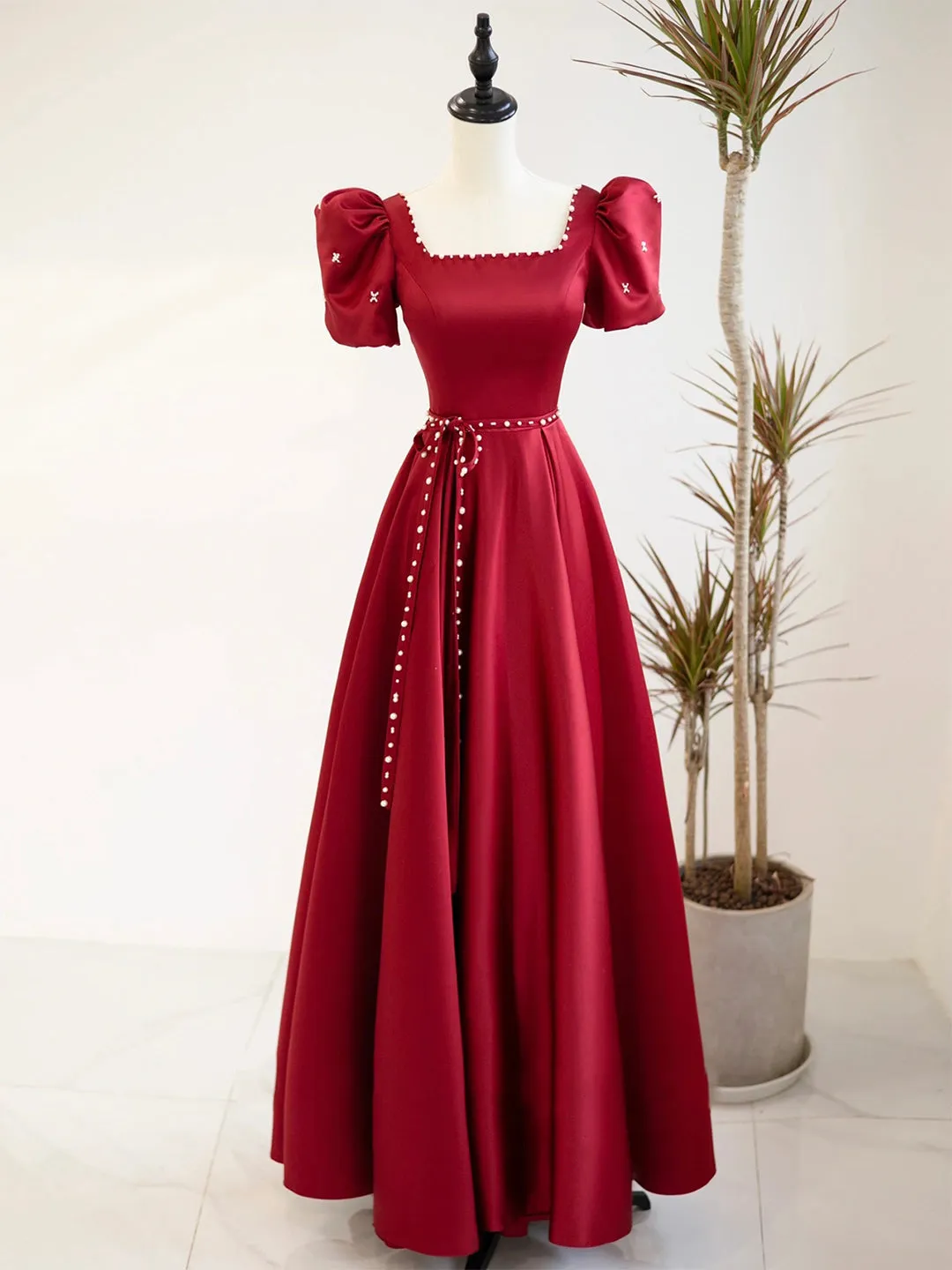 Burgundy Satin Short Sleeve Floor Length Prom Dress, Burgundy Evening Dress with Pearls