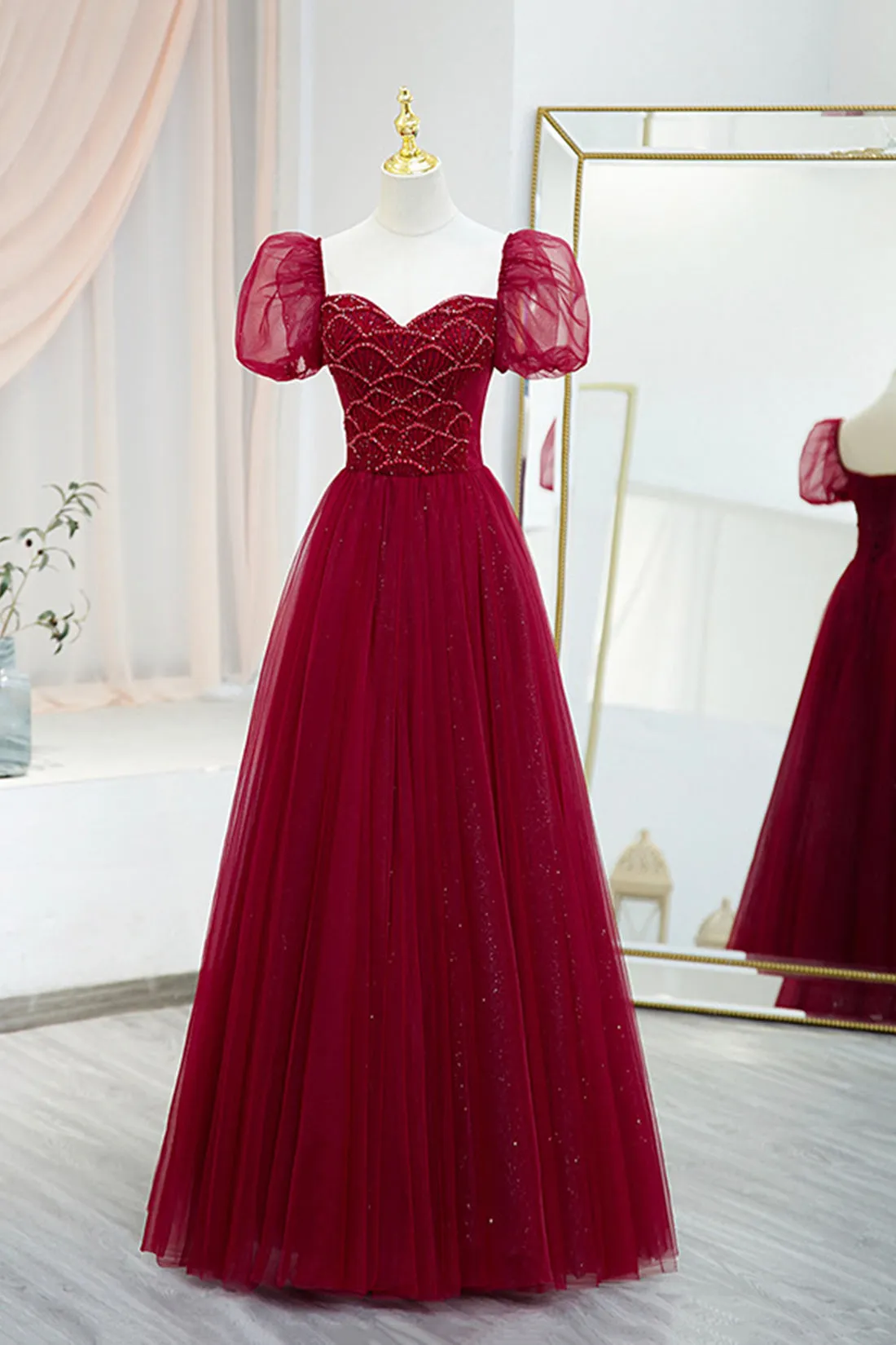 Burgundy Tulle Beaded Long Prom Dress, A-Line Short Sleeve Evening Dress