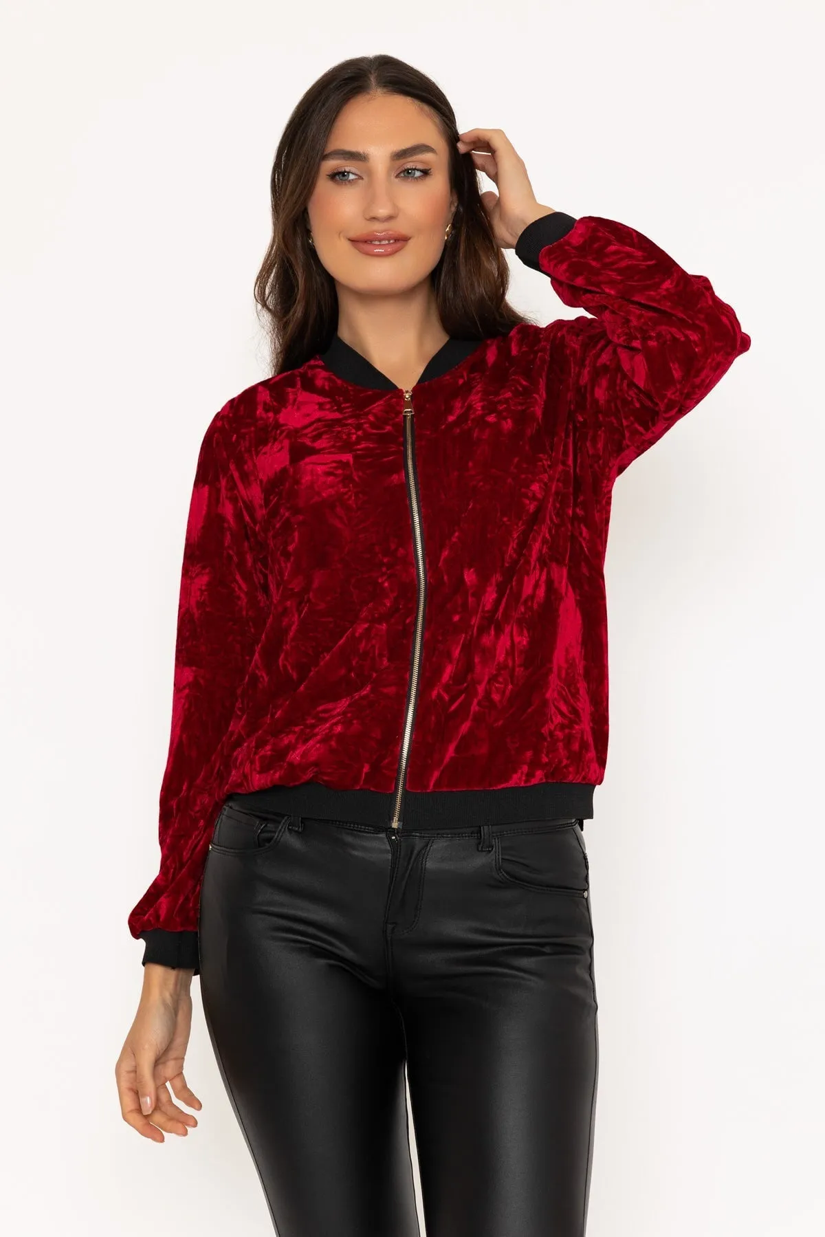 Burgundy Velour Bomber Jacket