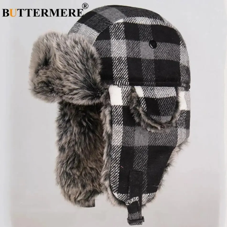 BUTTERMERE Winter Hats for Mens Bomber Hat Fur Red Warm Earflap Cap Windproof Women Thicker Plaid Russian Ushanka Hat Black Blue