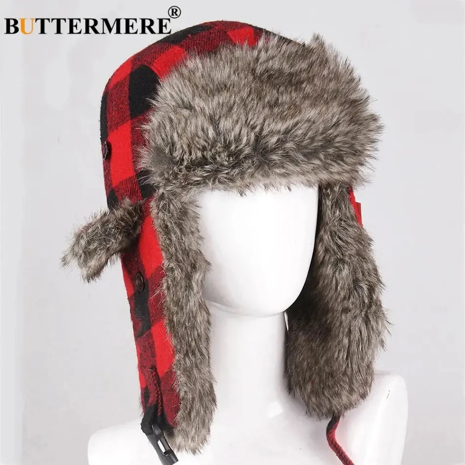 BUTTERMERE Winter Hats for Mens Bomber Hat Fur Red Warm Earflap Cap Windproof Women Thicker Plaid Russian Ushanka Hat Black Blue