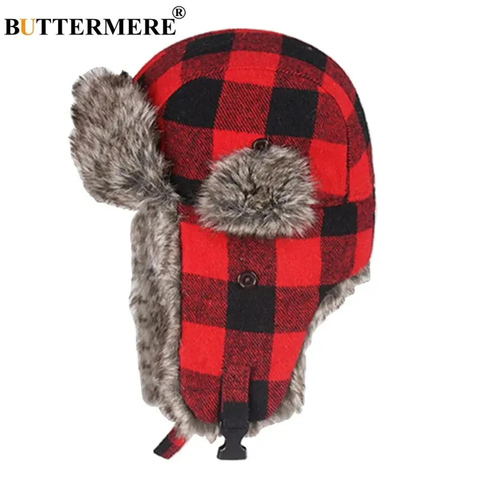 BUTTERMERE Winter Hats for Mens Bomber Hat Fur Red Warm Earflap Cap Windproof Women Thicker Plaid Russian Ushanka Hat Black Blue