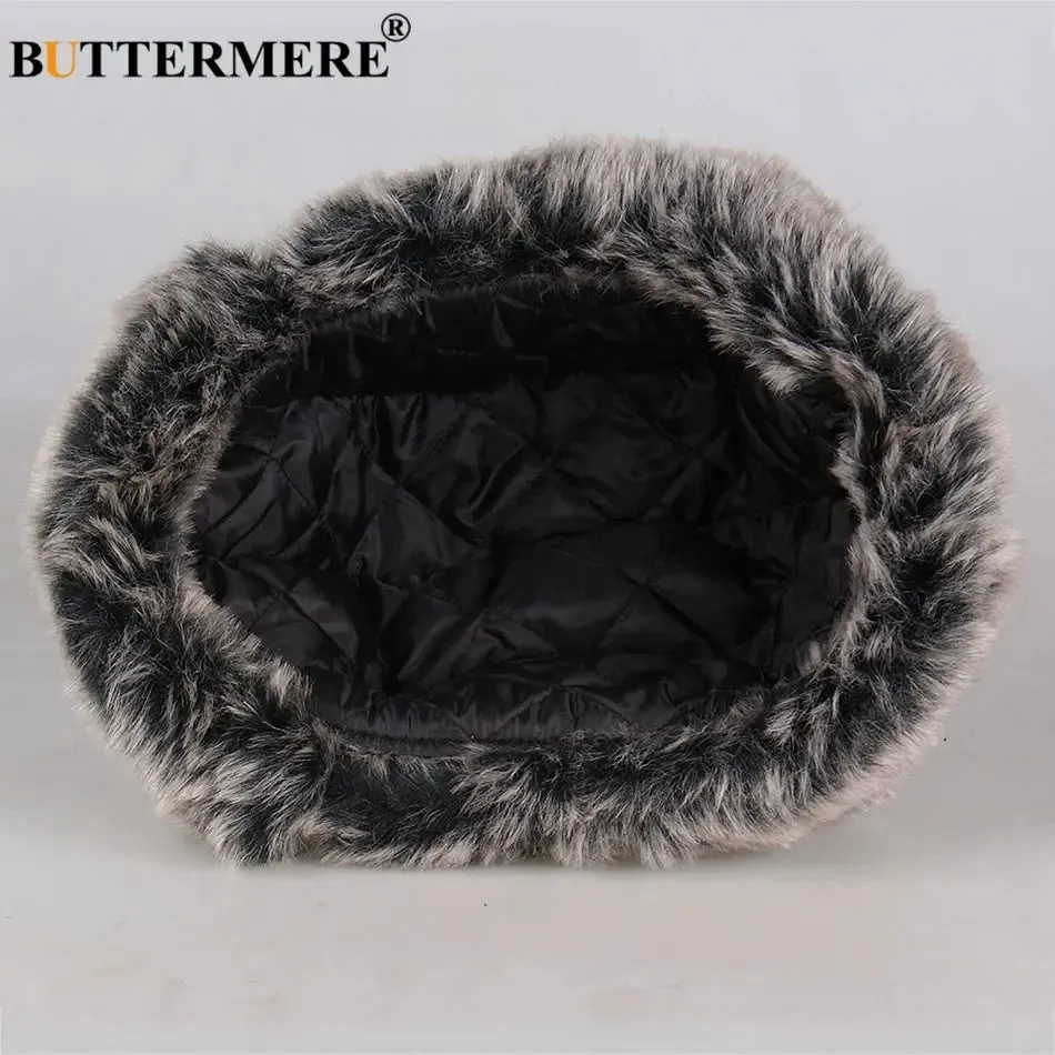 BUTTERMERE Winter Hats for Mens Bomber Hat Fur Red Warm Earflap Cap Windproof Women Thicker Plaid Russian Ushanka Hat Black Blue