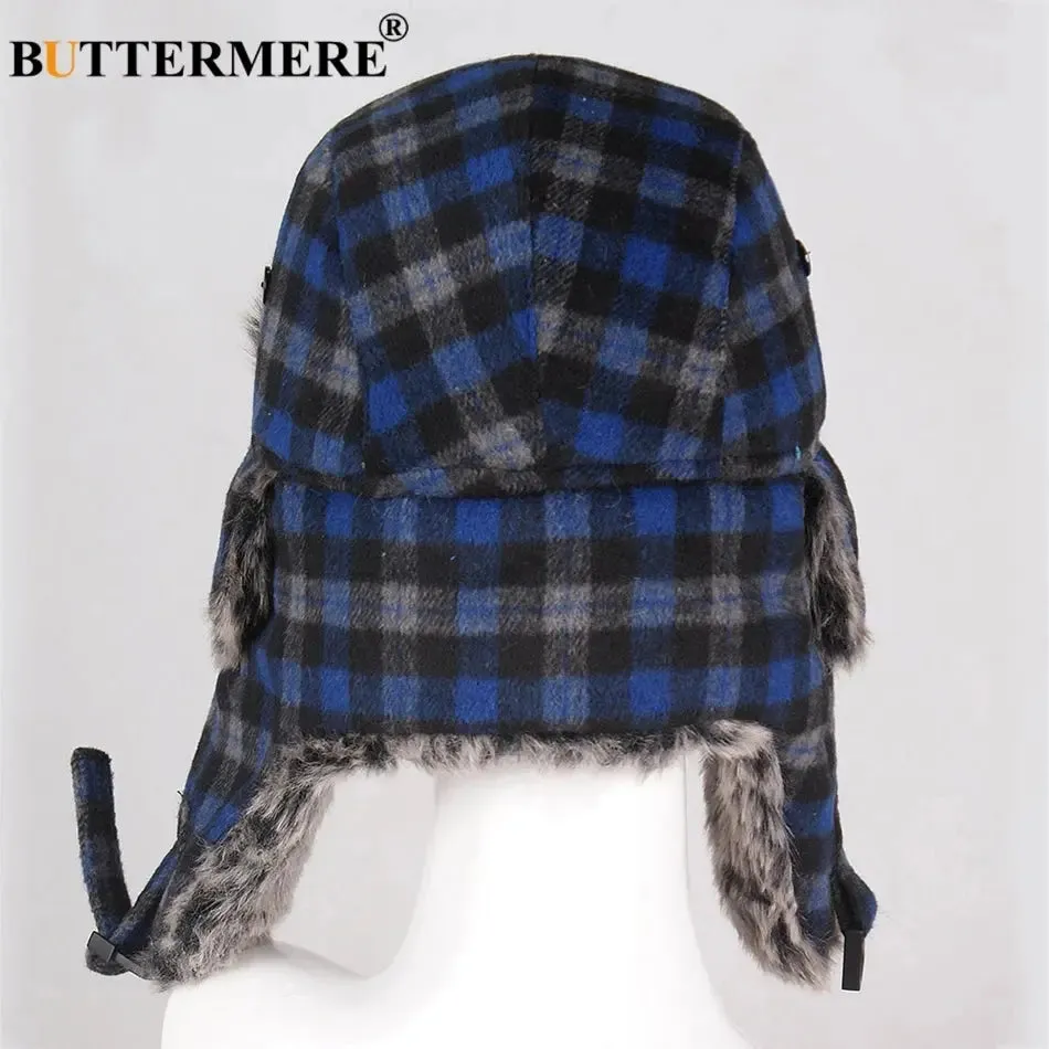 BUTTERMERE Winter Hats for Mens Bomber Hat Fur Red Warm Earflap Cap Windproof Women Thicker Plaid Russian Ushanka Hat Black Blue