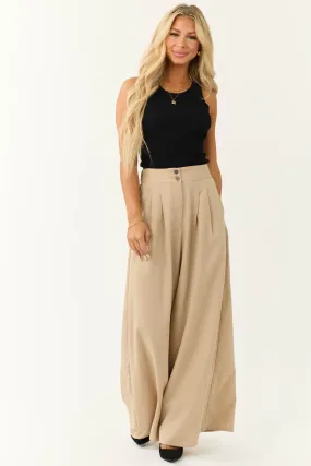 Camel Pleated Wide Leg High Waist Pants