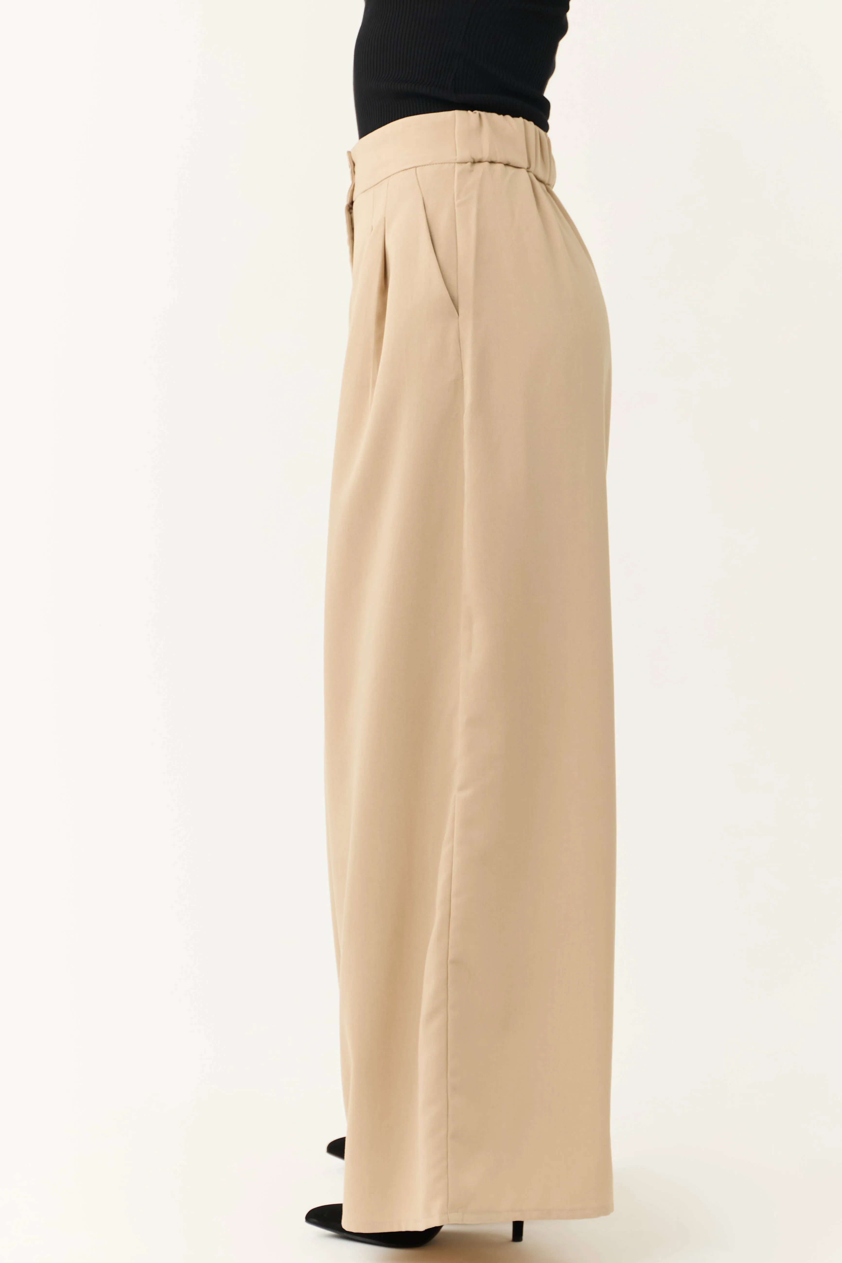 Camel Pleated Wide Leg High Waist Pants