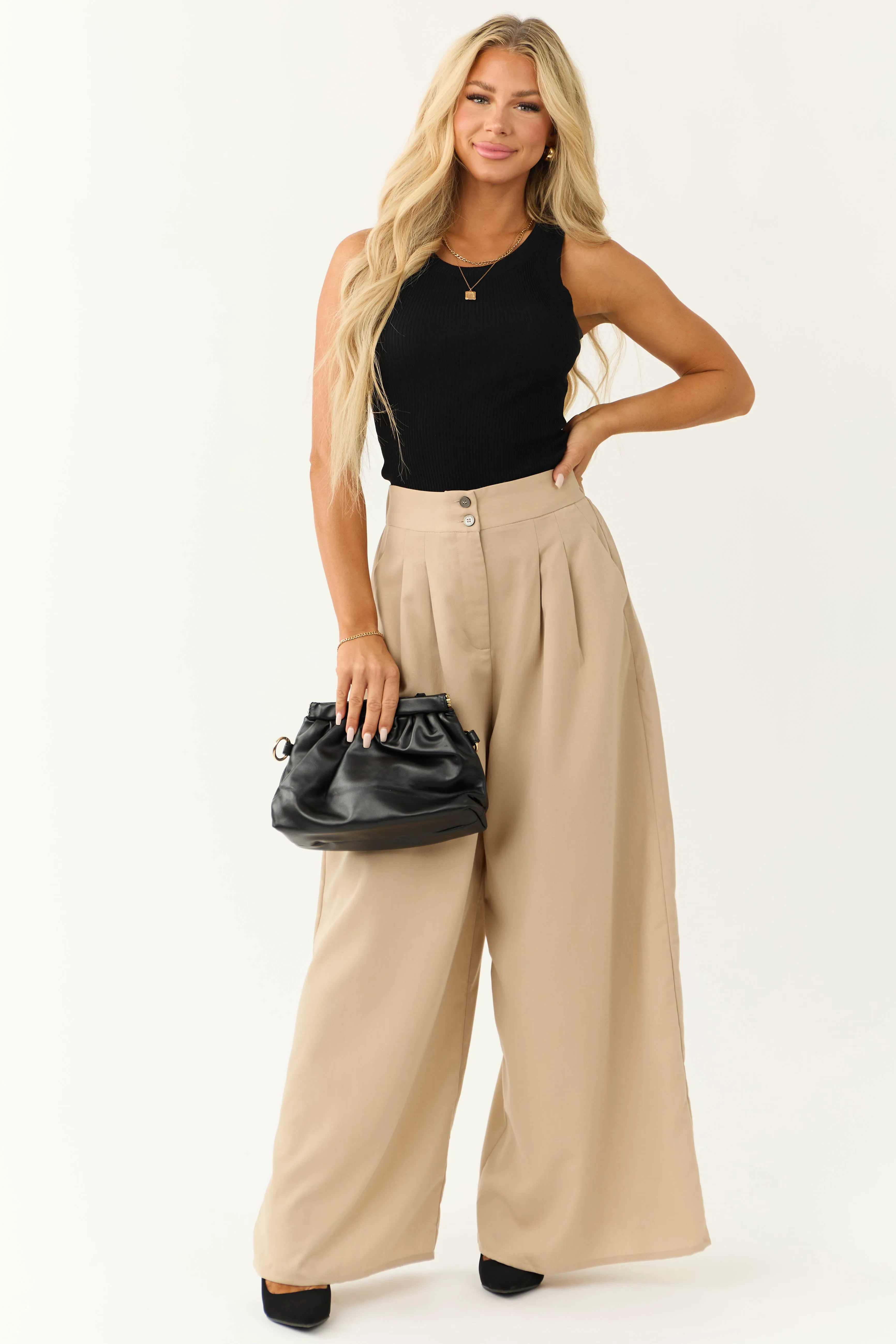 Camel Pleated Wide Leg High Waist Pants