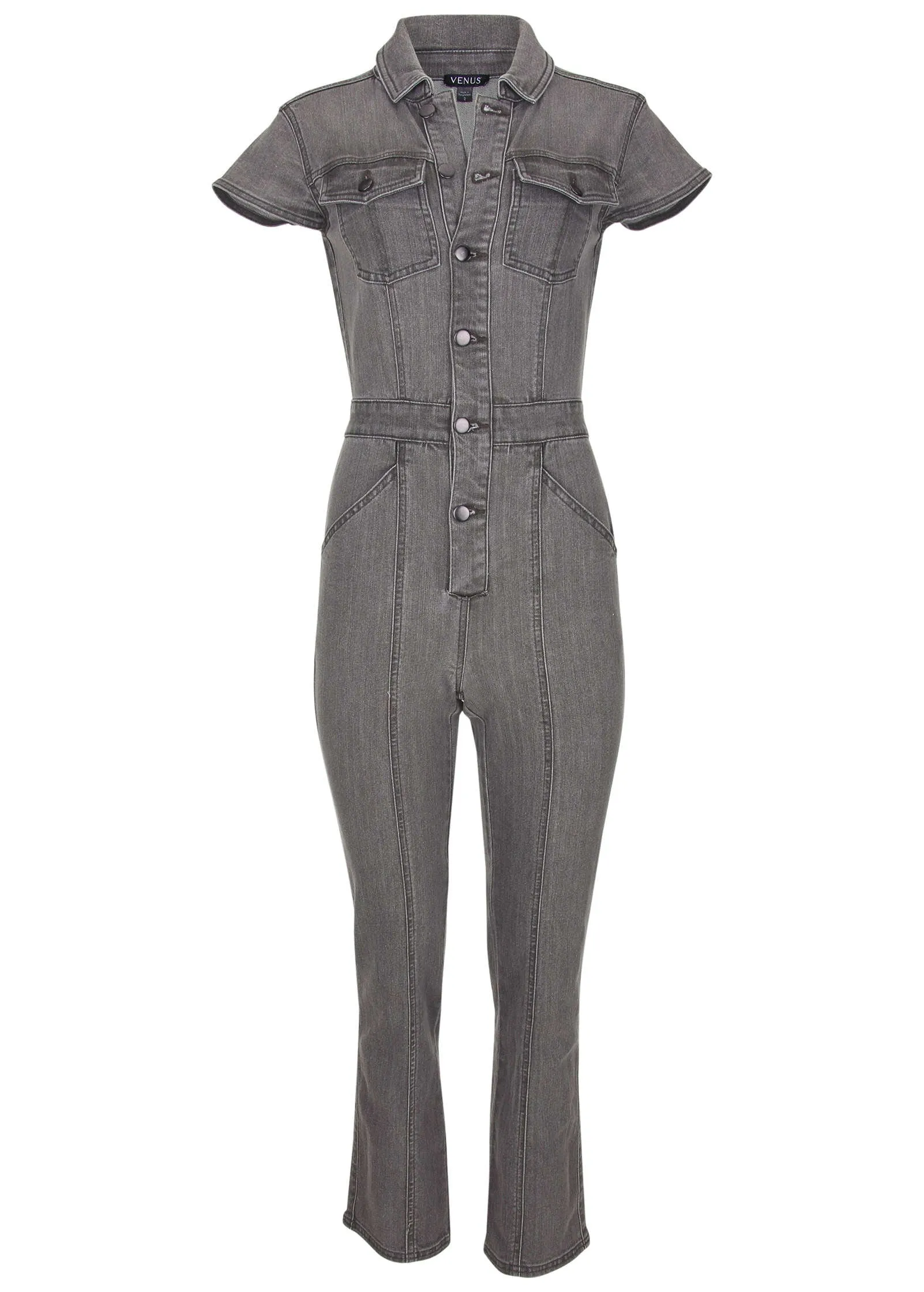 Cap Sleeve Denim Jumpsuit - Grey Wash