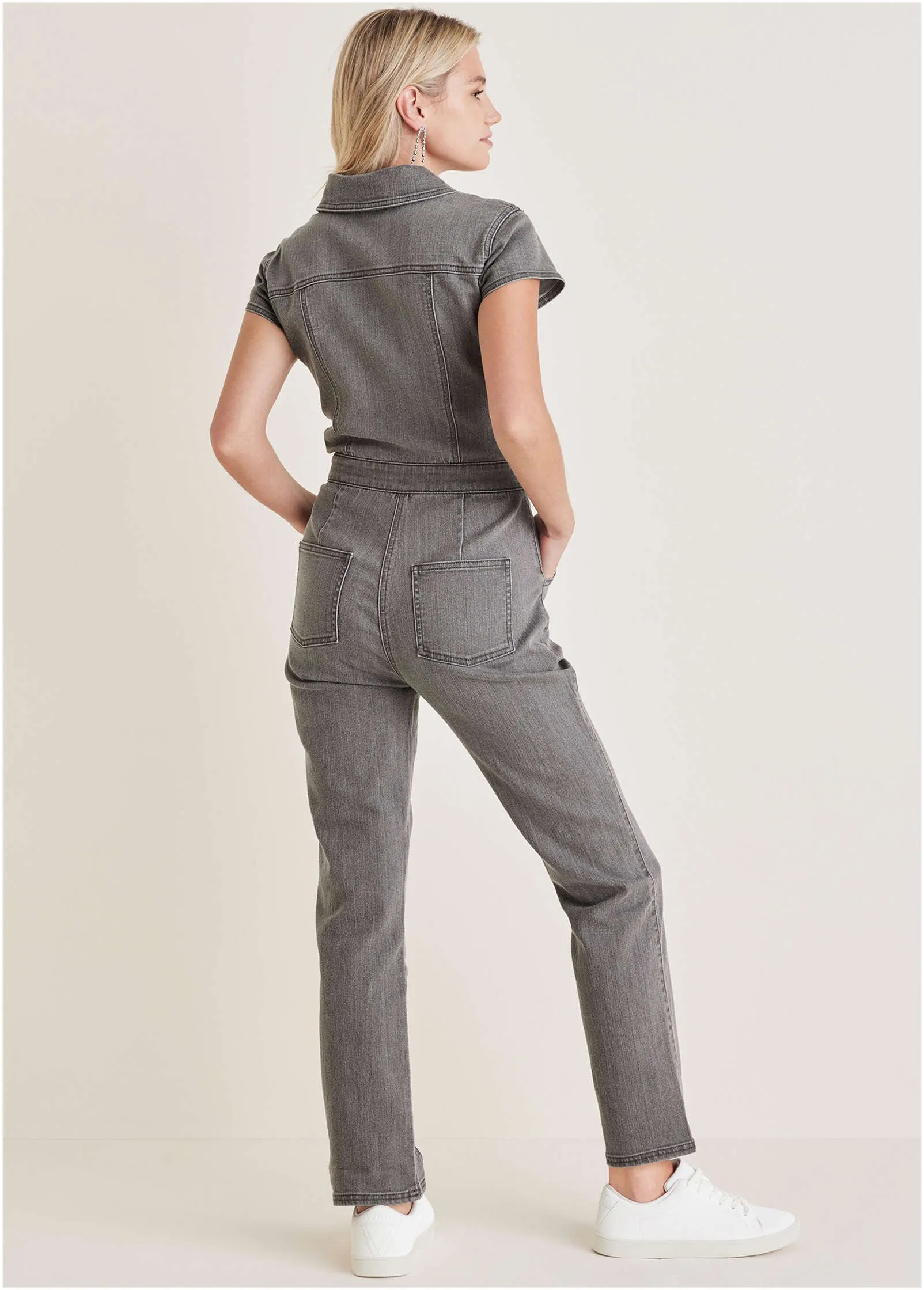 Cap Sleeve Denim Jumpsuit - Grey Wash