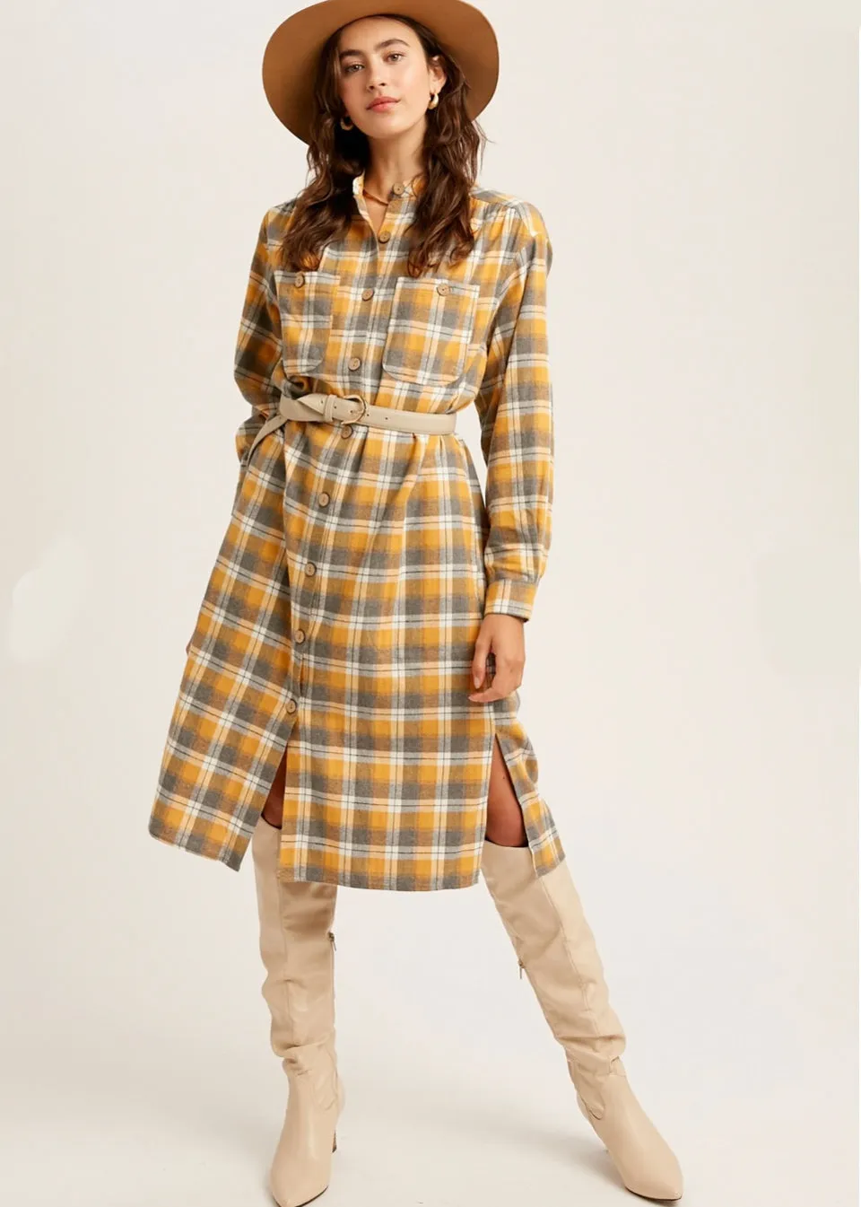 Charlie, Women's Plaid Flannel Knee Length Shirt Dress, Blue Plaid or Yellow Plaid